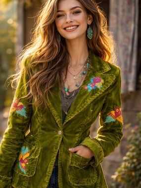 Johnny Was Embroidered Corduroy Jacket M Birds Boho Wearable Art Green